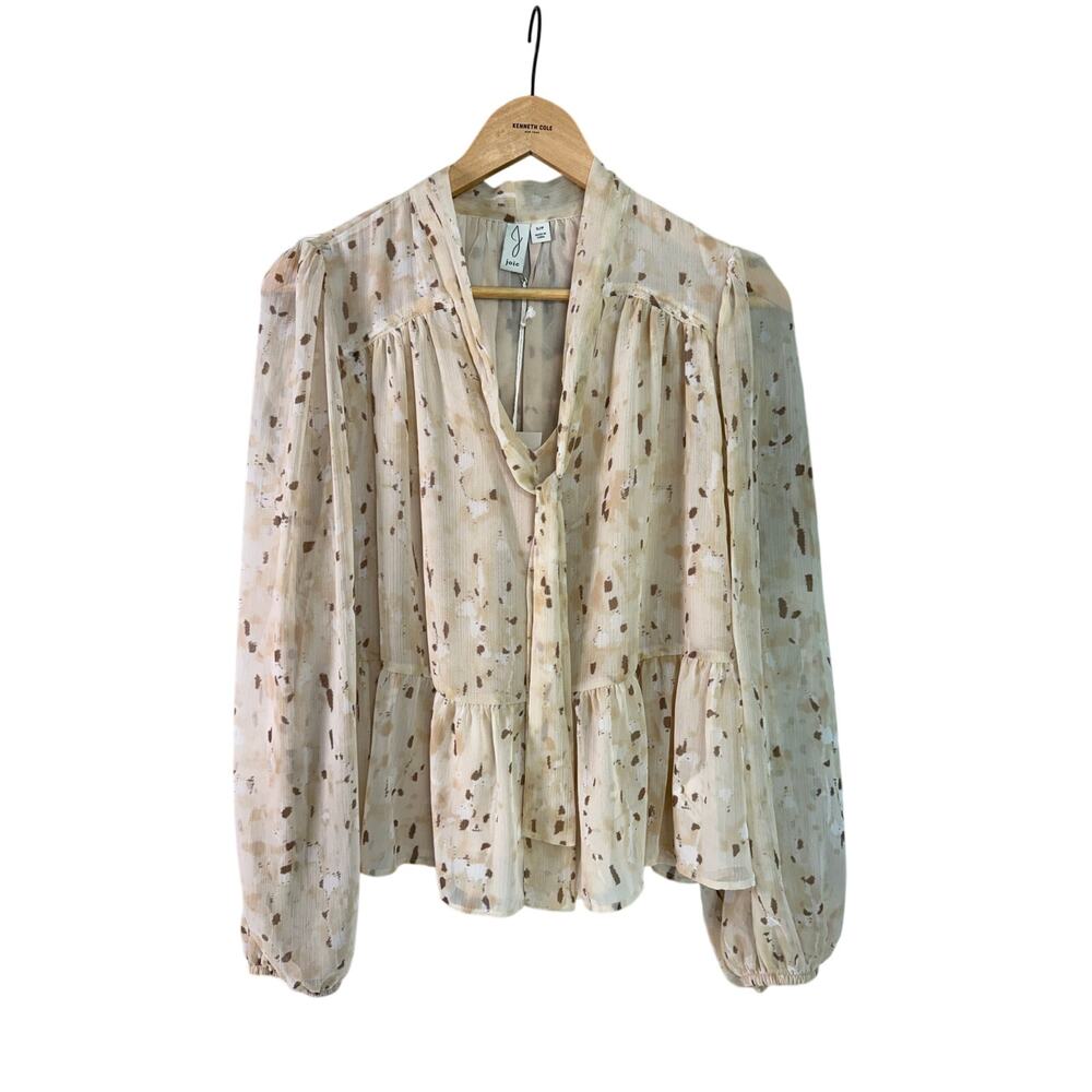 Joie Cream Floral Ruffle Long Sleeve V Neck Puff Sleeve Blouse Size M